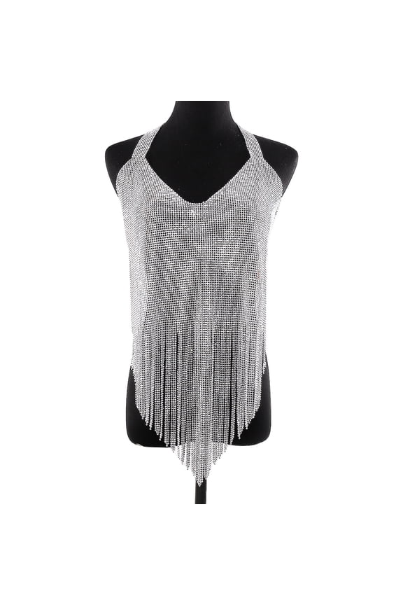 Exaggerated tassel long halter neck vest, sexy and trendy diamond temperament body chain