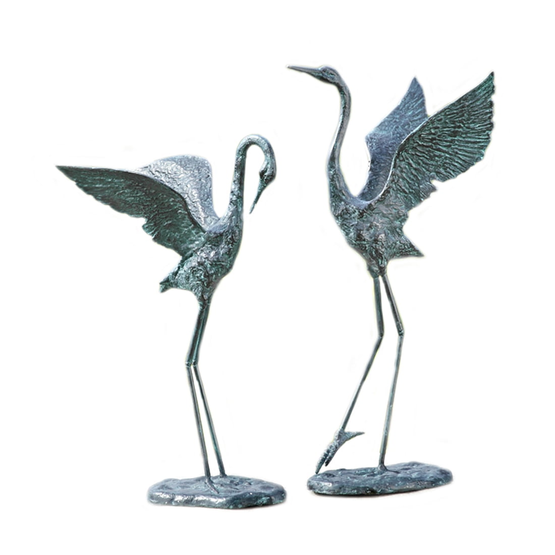 Exalted Crane Pair Antique Verdigris Green Metal Garden Sculpture