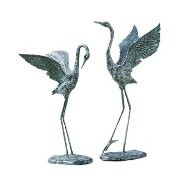 Exalted Crane Pair Antique Verdigris Green Metal Garden Sculpture