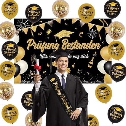 Exam Pass Decorations Black And Gold, Congratulations Decorations Exam Pass Backdrop Confetti Balloon Sash for Graduation Party Decorations 2023 College High School Exam Passed