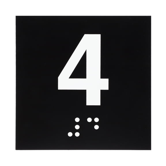 Exam Room Number Sign, 4" x 4" Number 4 Sign with Braille and Tactile Self-Adhesive Identification for Office, White on Black