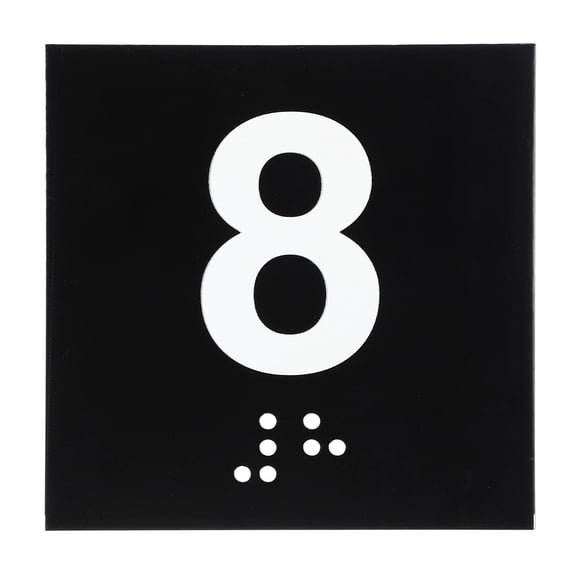 Exam Room Number Sign, 4" x 4" Number 8 Sign with Braille and Tactile Self-Adhesive Identification for Office, White on Black