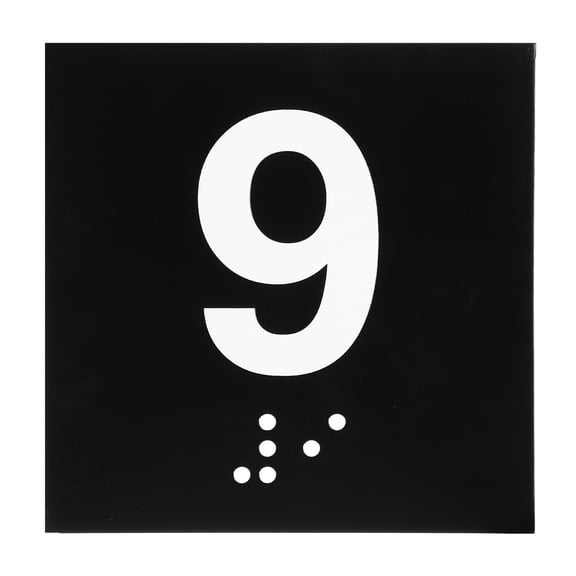 Exam Room Number Sign, 4" x 4" Number 9 Sign with Braille and Tactile Self-Adhesive Identification for Office, White on Black