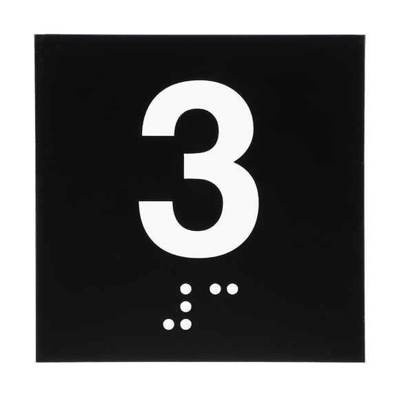 Exam Room Number Sign, 6" x 6" Number 3 Sign with Braille and Tactile Self-Adhesive Identification for Office, White on Black