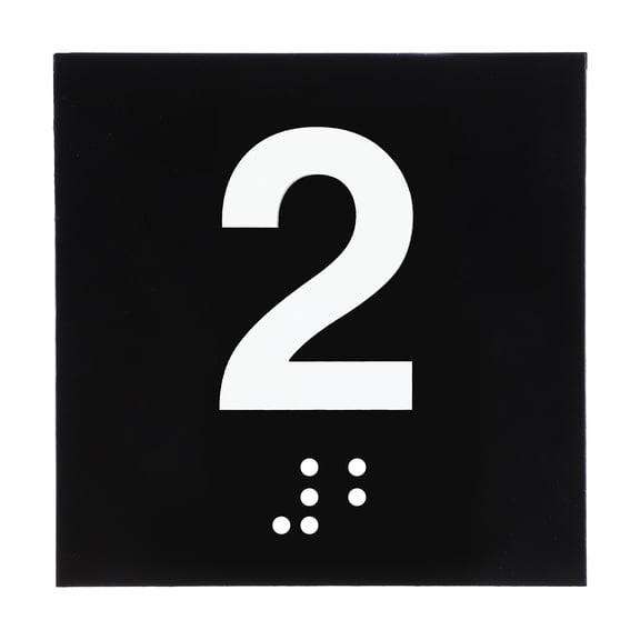 Exam Room Number Sign, 8" x 8" Number 2 Sign with Braille and Tactile Self-Adhesive Identification for Office, White on Black