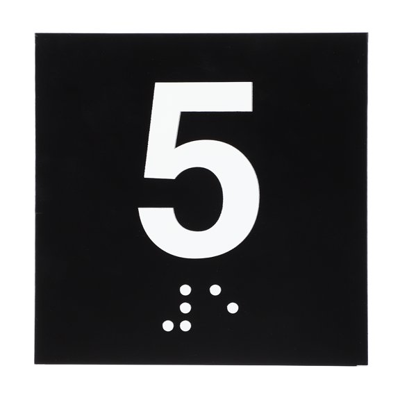 Exam Room Number Sign, 8" x 8" Number 5 Sign with Braille and Tactile Self-Adhesive Identification for Office, White on Black