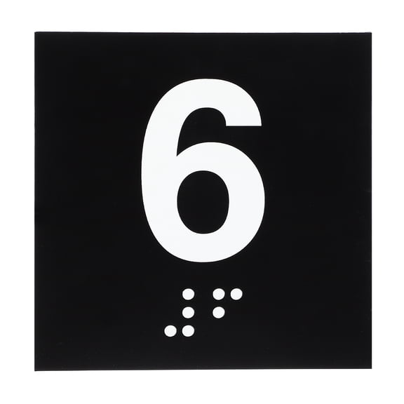 Exam Room Number Sign, 8" x 8" Number 6 Sign with Braille and Tactile Self-Adhesive Identification for Office, White on Black