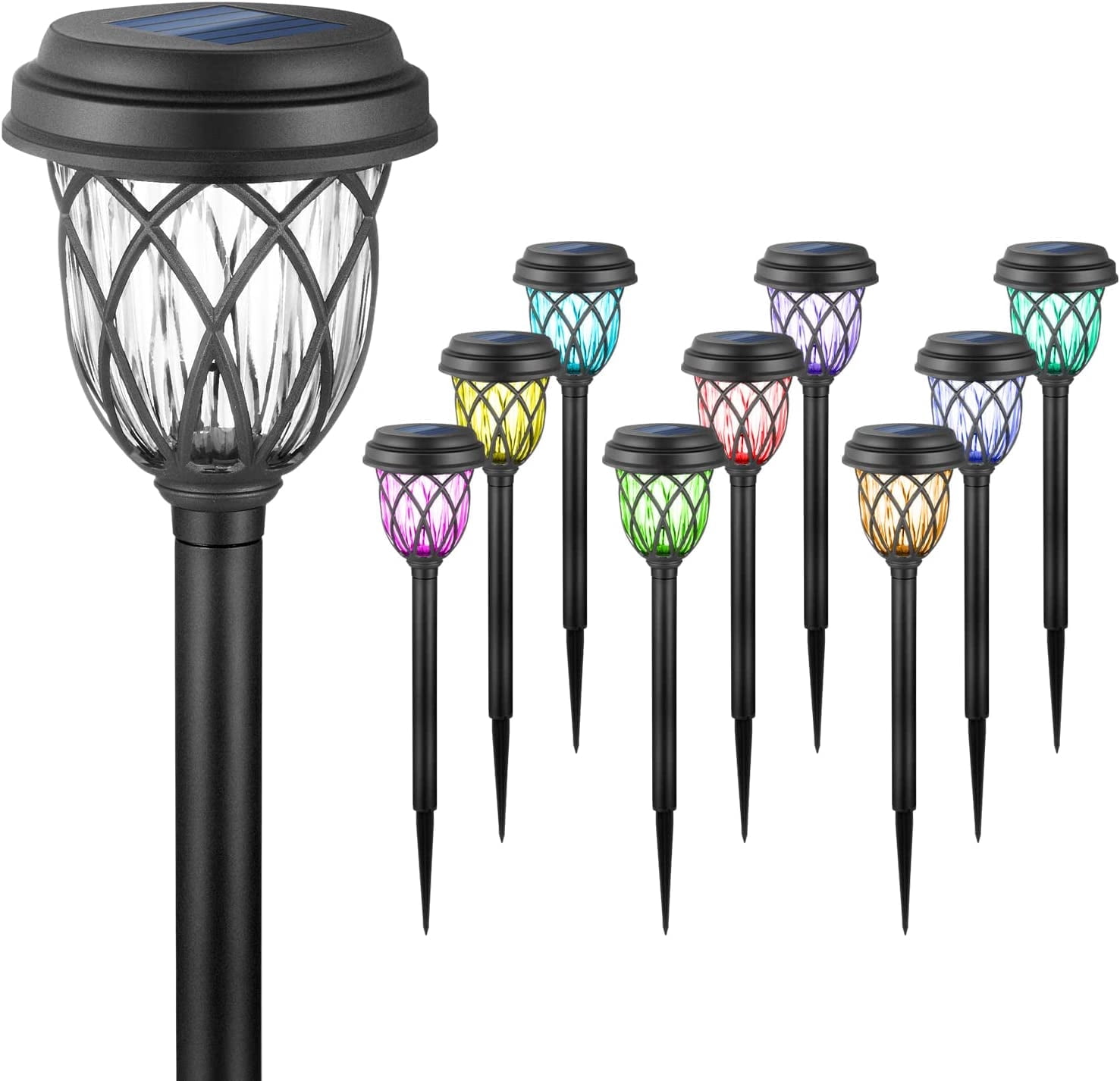 ExcMark 10 Pack Solar Lights Outdoor Garden Pathway Solar Powered Yard Lights for Walkway Sidewalk Driveway. (Black, Multi-colored)