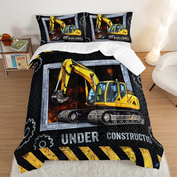Excavator 3-Piece Microfiber Puffy Comforter Twin Size,Boys Cartoon Car Bedding Set,Construction Bedding Teen Kids Room Decor.