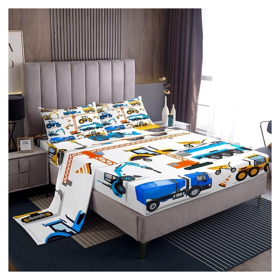 Excavator Bed Sheets Set,Queen Size,Tractor Construction Trucks Theme,Family Bedroom Decor,Yellow,Blue