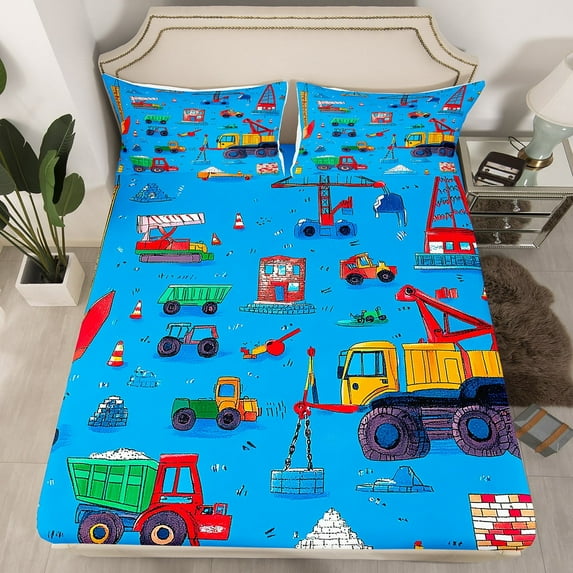 Excavator Car Fitted Sheet Twin,Construction Vehicles Bed Sheets,Cartoon Truck Bedding Set,Truck Bed Set with 1 Pillowcase,(No Top Sheet)