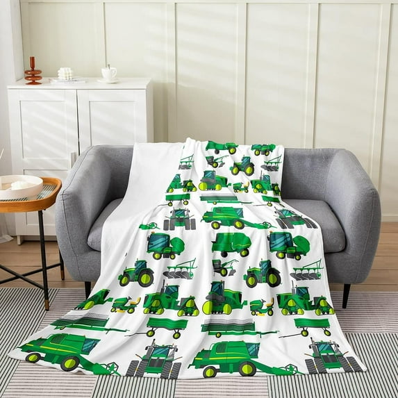Excavator Car Throw Blanket for Kids Boys Girls,Cartoon Construction Tractor Vehicle Fleece Blanket,Green Yellow Equipment Trucks Bed Blanket,Tractor Machinery Children Plush Blanket,Throw 50x60
