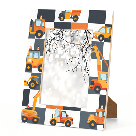 Excavator Checkerboard Truck Picture Frame, Tractor Machinery Trucks 4×6 in ,Eco Wood & Acrylic Photo Frame for Kids Room, Wall & Tabletop Decor, 5mm Thick