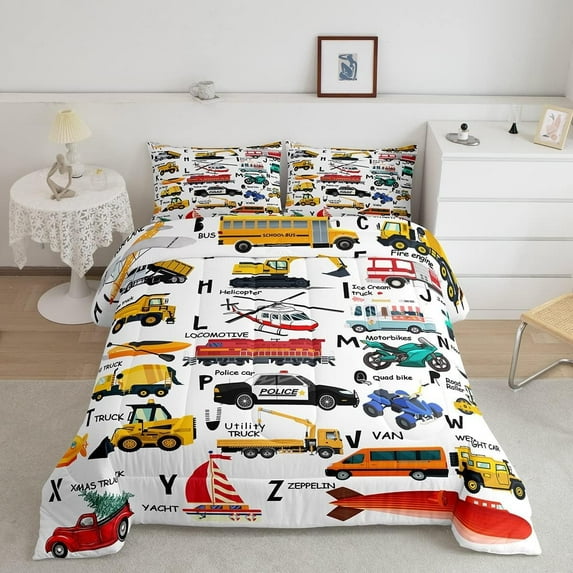 Excavator Comforter Fire Truck Police Car Comforter Set Helicopter Motorcycle Ambulance Bedding Set Alphabet Vehicle Cars Quilt Set Decor with 2 Pillowcases 3Pcs Bedding Full