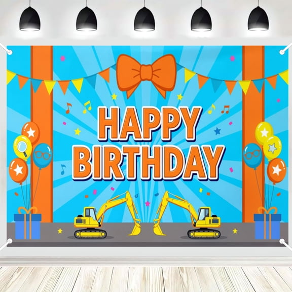 Excavator Construction Vehicle Happy Birthday Photography Backdrop, Balloon Banner Gift Photo Background for Boys Construction Theme Birthday Decor 3x5ft