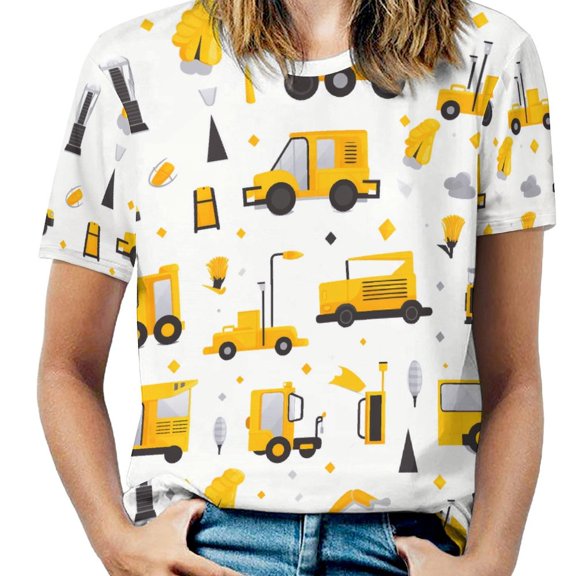 Excavator Construction Vehicle Truck Womens Tops Women's Fashion Casual Short Sleeve Flower Print Round Neck Pullover Top Blouse