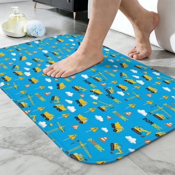 Excavator and Crane Blue Pattern Non-Slip Bath Mat, Shower Room Rug ...