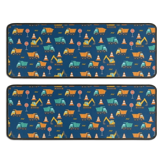 Excavator and Dump Truck Blue Pattern Anti Fatigue Kitchen Rugs Set Of 2, Non Slip Washable Decorative Floor Mats for Sink Laundry and Home Use, 17"x47"