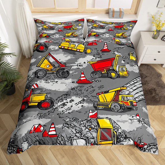 Excavator Duvet Cover Twin Size,Yellow Truck Bedding Set,Cartoon Vehicle Quilt Cover,Construction Tractor Bed Sets with 1 Pillowcase for Bedroom(No Comforter)