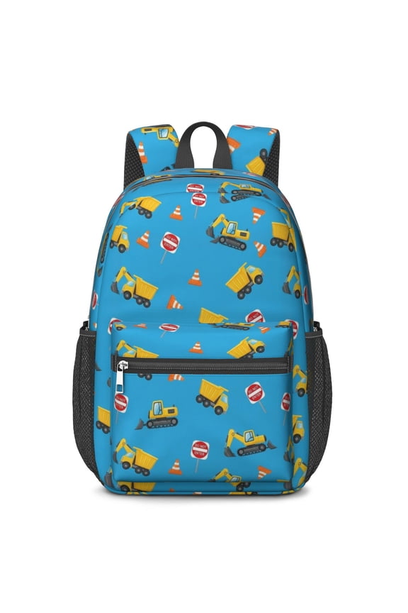 Excavator and No Entry Sign Blue Pattern 17" School Backpacks for Teens,Waterproof Oxford Fabric,S-Shape Padded Straps for School,Travel,Hiking,Camping