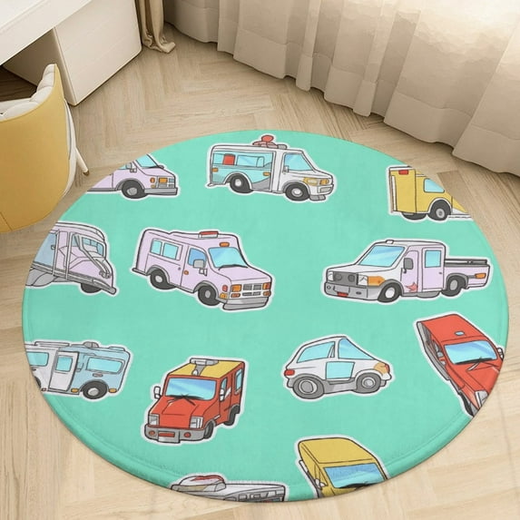 Excavator Fire Truck Racing Round Rugs -Washable Non-Slip Small Round ...