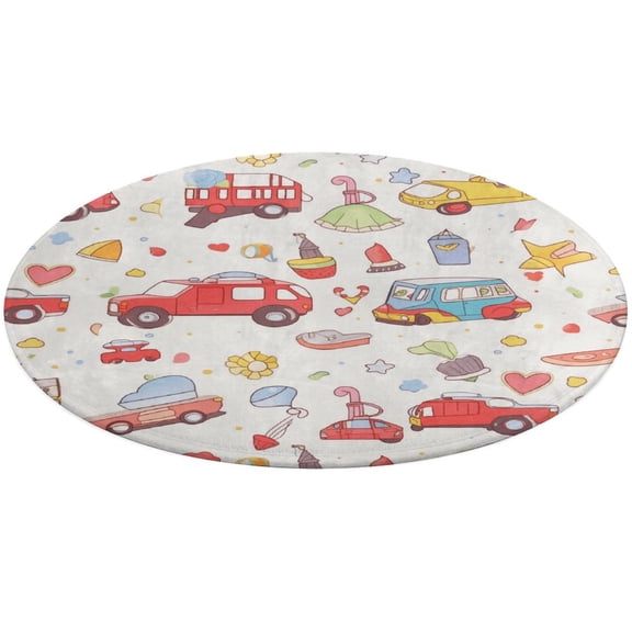 Excavator Fire Truck Racing Round Small Area Rug, Print Non Slip Washable Floor Mat, Soft Throw Rug for Living Room, Powder Room Entryway, Bathroom, Bedside