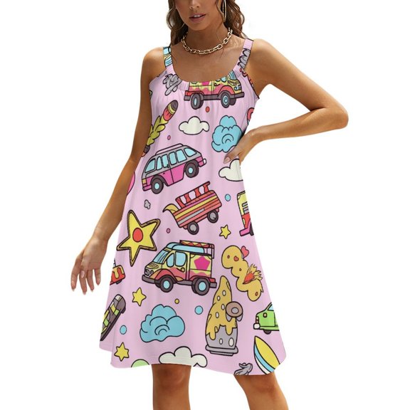 Excavator Fire Truck Racing Womens Summer Dresses Casual Sleeveless Tshirt Sundresses Vacation Beach Cover Up Dress