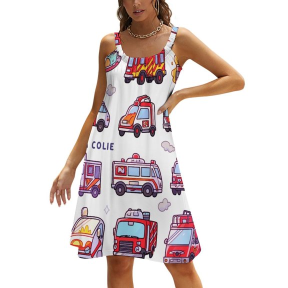 Excavator Fire Truck Racing Womens Summer Dresses Casual Sleeveless Tshirt Sundresses Vacation Beach Cover Up Dress
