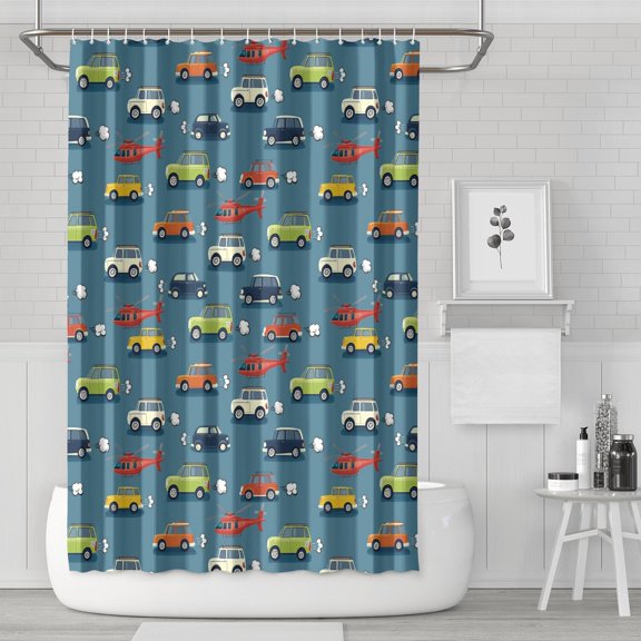 Excavator & Fire Truck Shower Curtain - 72x72 Inch Waterproof Bathroom Curtain for Kids, Cartoon Construction Vehicle Design, Metal Grommets & 12 Hooks Included