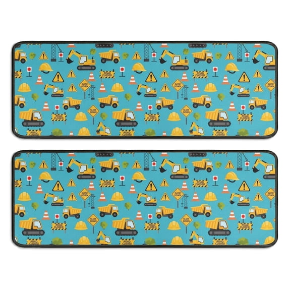 Excavator and Hard Hat Blue Pattern Anti Fatigue Kitchen Rugs Set Of 2, Non Slip Washable Decorative Floor Mats for Sink Laundry and Home Use, 17"x47"