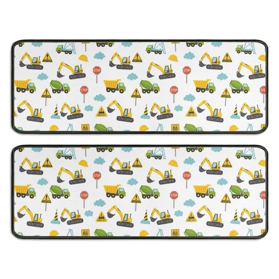 Excavator and Hard Hat White Pattern Anti Fatigue Kitchen Rugs Set Of 2, Non Slip Washable Decorative Floor Mats for Sink Laundry and Home Use, 17"x47"