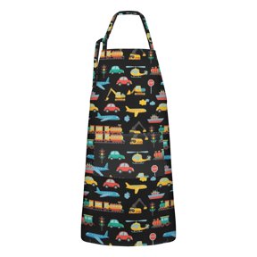 Excavator and Helicopter Black Pattern Apron for Women with Pockets, Cotton Linen Waterproof Adjustable Apron for Kitchen Cooking Gardening BBQ Salon 33"x27"