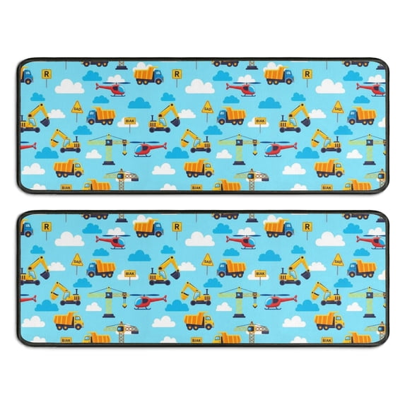Excavator and Helicopter Blue Pattern Anti Fatigue Kitchen Rugs Set Of 2, Non Slip Washable Decorative Floor Mats for Sink Laundry and Home Use, 17"x47"