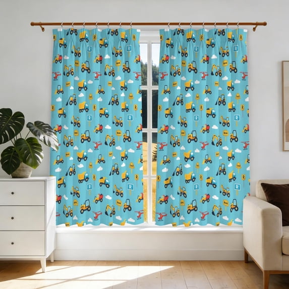 Pattern Blure Excavator and Helicopter Blue Pattern Pinch Pleated Blackout Curtains ...