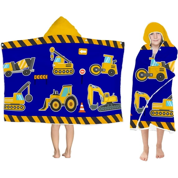 Excavator Hooded Beach Towel for Boys, Soft & Absorbent Truck Excavator Poncho Towel, Construction Truck Bathrobe for Kids Cool Cartoon, Quick Dry Swim, Pool, and Bath Time Truck 30