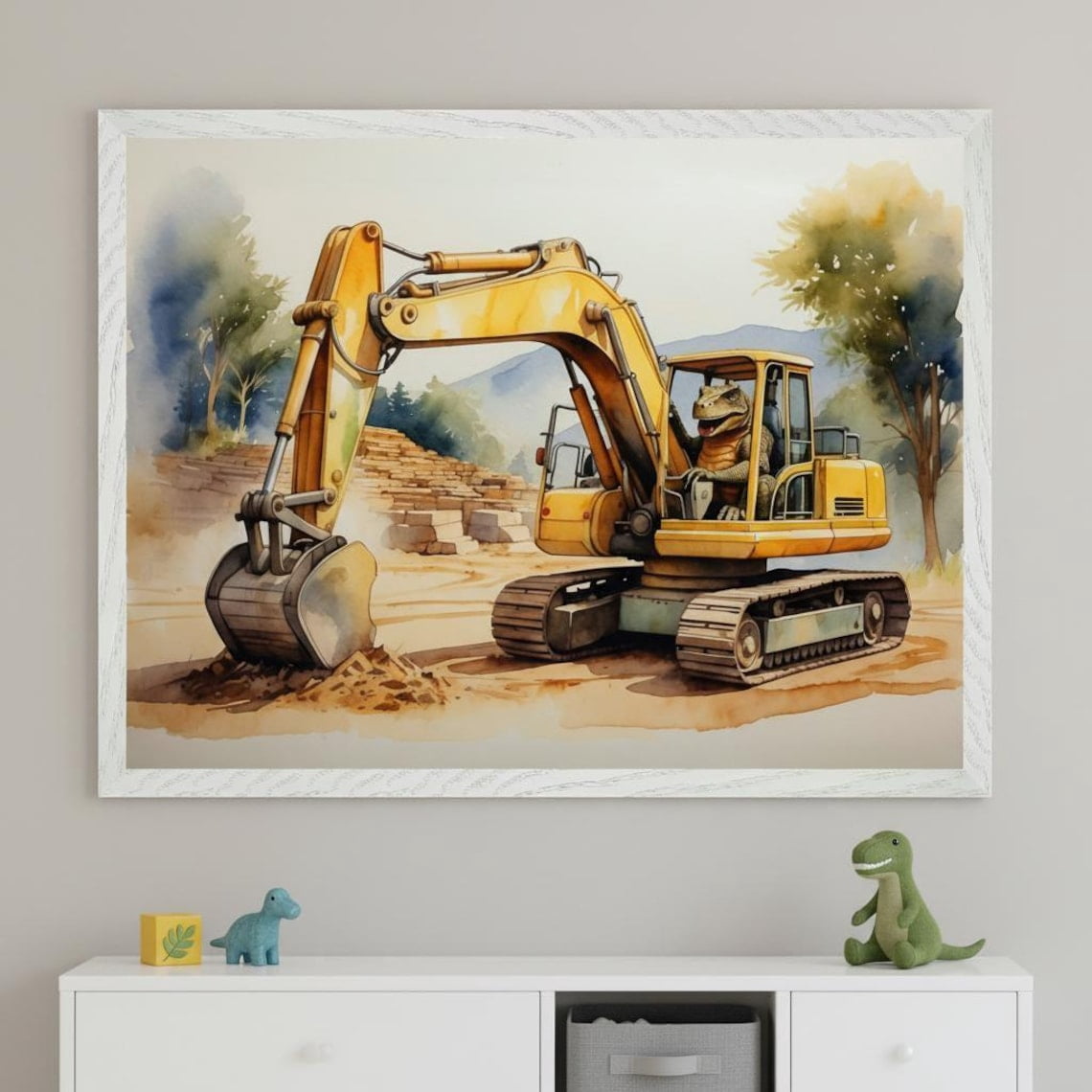 Excavator Illustration Wall Art Dinosaur Construction Art Boys Room Digger Unframed Paper Poster 16x20in