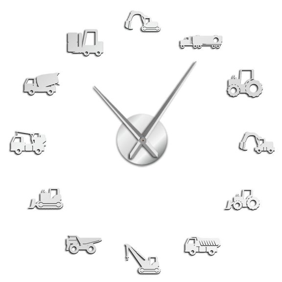 Excavator Modern DIY Giant Wall Clock Heavy Equipment Architecture Operator Machine Construction Office Art Work Vehicles Watch(Silver,37inch)
