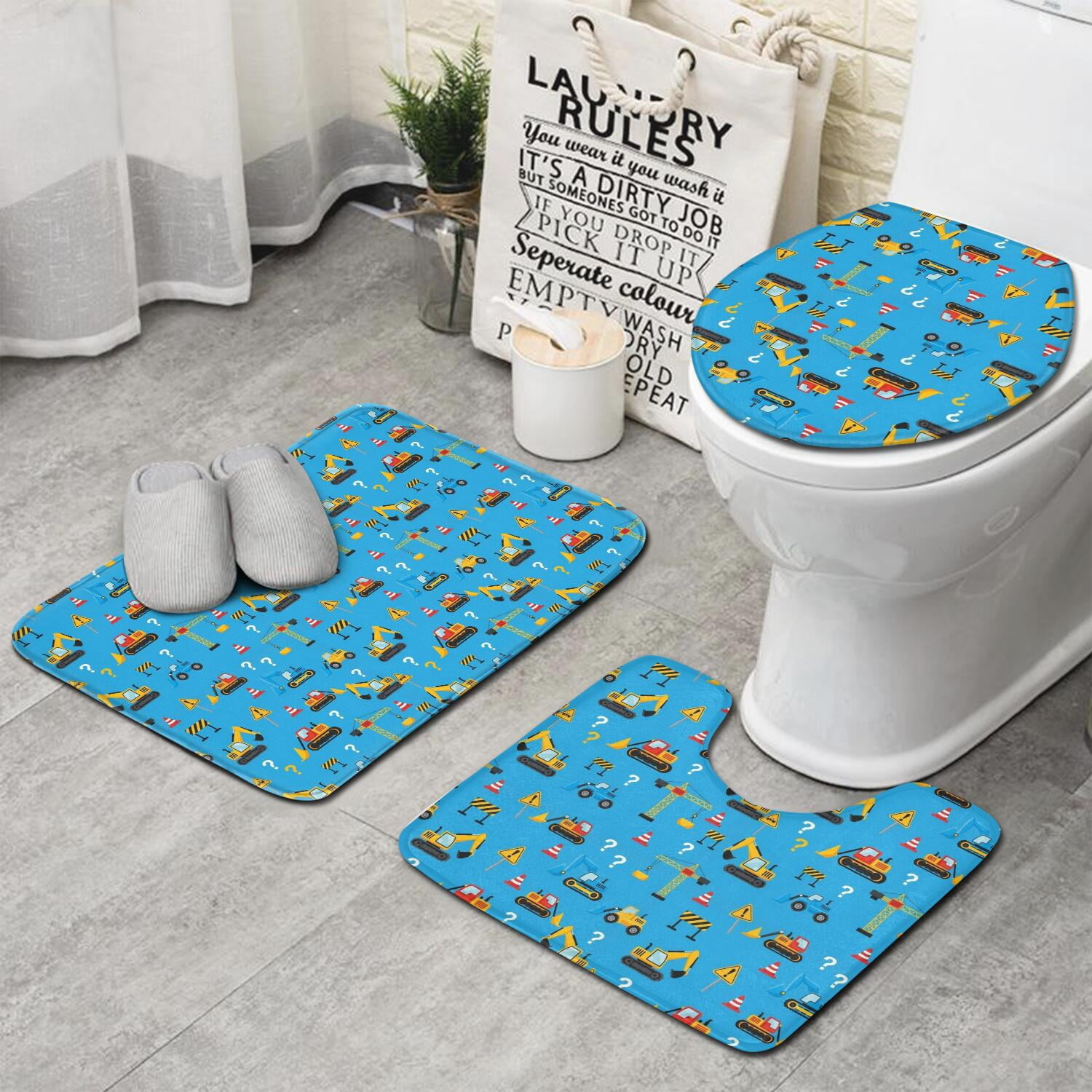 Excavator and Question Mark Blue Pattern 3 Piece Flannel Bathroom Rug ...