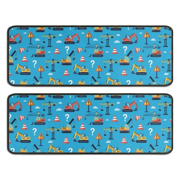 Excavator and Question Mark Blue Pattern Anti Fatigue Kitchen Rugs Set Of 2, Non Slip Washable Decorative Floor Mats for Sink Laundry and Home Use, 17"x47"