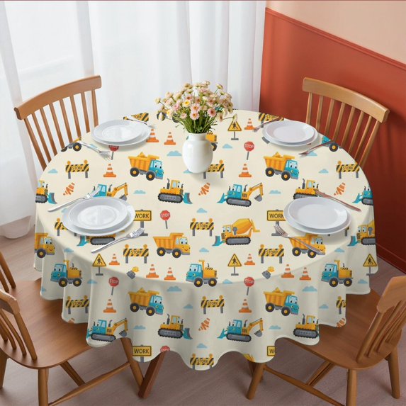 Excavator and Road Barrier Beige Pattern Round Tablecloth 70"x70", Wrinkle Resistant Wipeable Table Cover for Kitchen Dining Room Picnic Patio and Party