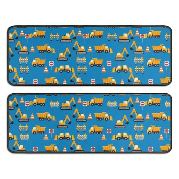Excavator and Road Barrier Blue Pattern Anti Fatigue Kitchen Rugs Set Of 2, Non Slip Washable Decorative Floor Mats for Sink Laundry and Home Use, 17"x47"