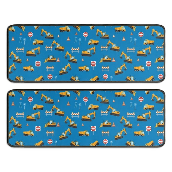 Excavator and Road Barrier Blue Pattern Anti Fatigue Kitchen Rugs Set Of 2, Non Slip Washable Decorative Floor Mats for Sink Laundry and Home Use, 17"x47"
