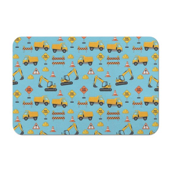 Excavator and Road Barrier Blue Pattern Diatomite Bath Mat, Stone Bath Rug with Non-Slip Rubber Backing, Super Absorbent Gifts for Family Friends Neighbors,16x24in