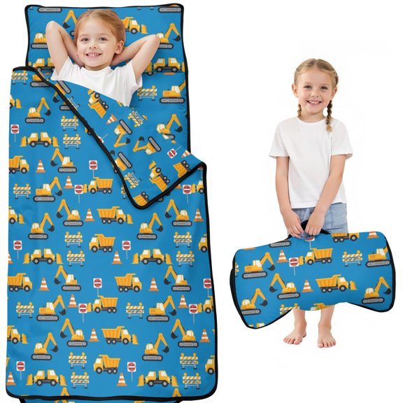 Excavator and Road Barrier Blue Pattern Kids Nap Mat, Preschool Sleeping Pad with Handle & Fastening Straps, Portable with Handle Gifts for Daycare Preschool,50"x20"