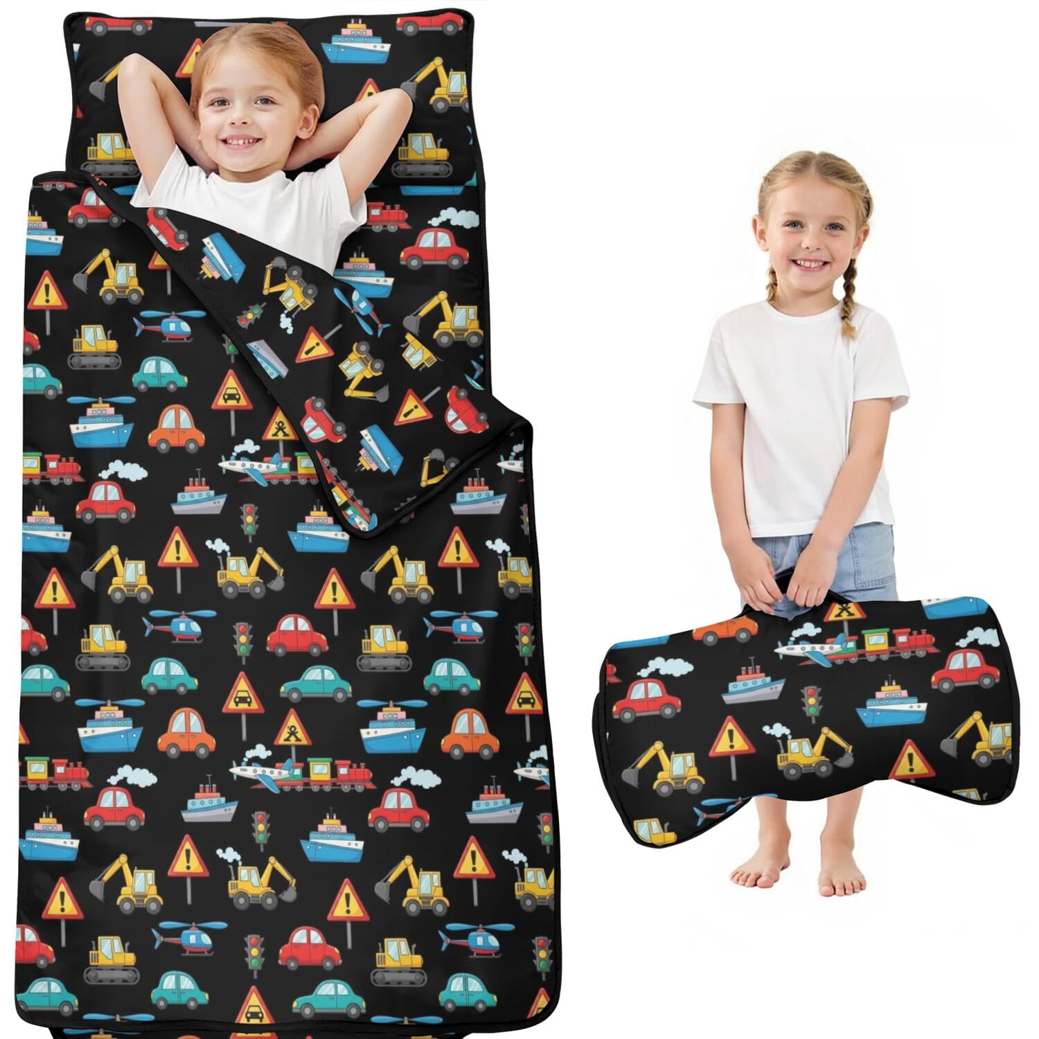 Excavator and Ship Black Pattern Kids Nap Mat, Sleeping Mat with ...