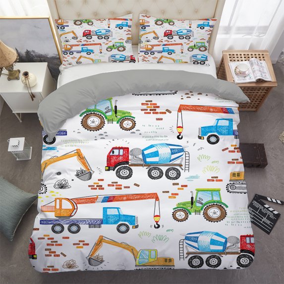 Excavator Tractor Duvet Cover Set Cartoon Machinery Bulldozer Pattern Bedding Set for Kids Boys Polyester Bedding Set King Size