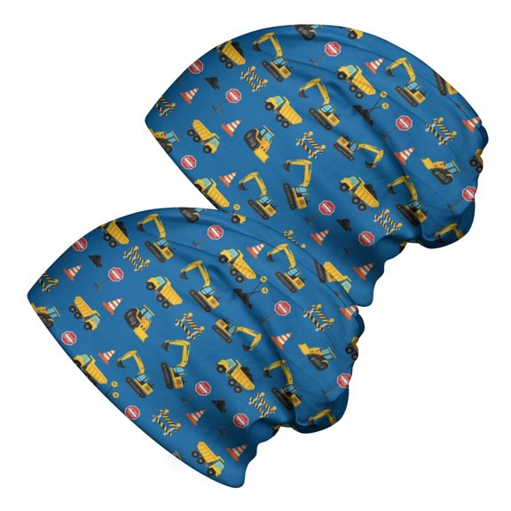 Excavator and Traffic Cone Blue Pattern 2 Pack Slouchy Beanie Hat, Casual Daily Beanie with Stretchy Fabric & Soft Texture, Stretchy Polyester Gifts for Unisex Men Women