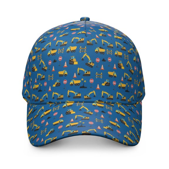 Excavator and Traffic Cone Blue Pattern Baseball Cap, Structured Flat Bill Hat with Snap Closure & Sweatband, Lightweight Shape Retaining Gifts for Sports Outdoor Travel