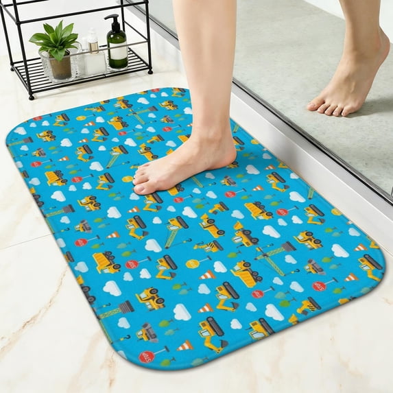Excavator and Tree Blue Pattern Non-Slip Bath Mat, Shower Room Rug with ...