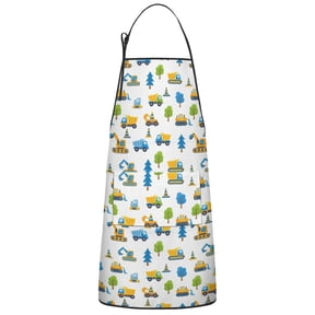 Excavator and Tree White Pattern Apron for Women with Pockets, Cotton Linen Waterproof Adjustable Apron for Kitchen Cooking Gardening BBQ Salon 33"x27"